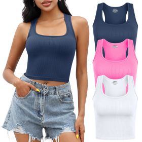 Tank Top for Women, 3 Pack Ribbed Seamless Racerback Yoga Crop Tops for Workout Running Gym Sport, Sleeveless Exercise Shirt for Daily Wearing (Color: NavyBlue+White+Pink, size: M)