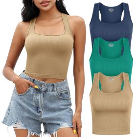 Tank Top for Women, 3 Pack Ribbed Seamless Racerback Yoga Crop Tops for Workout Running Gym Sport, Sleeveless Exercise Shirt for Daily Wearing (Color: LightCoffee+Navy+Green, size: S)